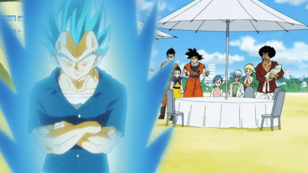 Vegeta en super sayan bleu à la naissance de Bulla dans Dragon Ball Super