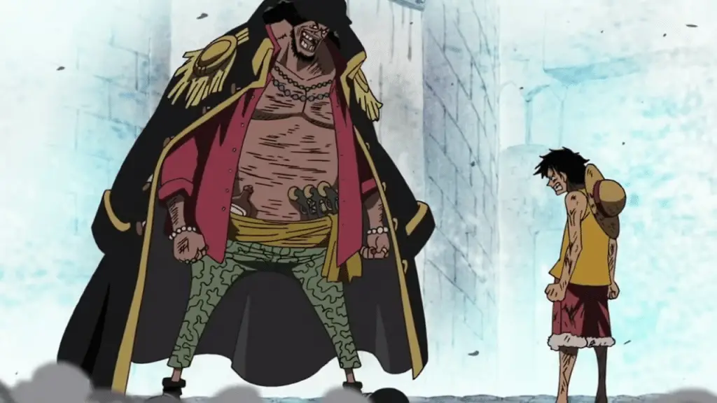 Barbe Noire et Luffy sur le point d'engager le combat dans One Piece