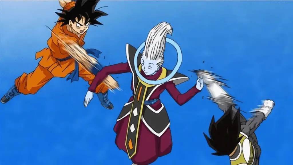Whis qui se bat contre Goku et Vegeta dans Dragon Ball Super