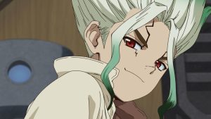 Image promotionnelle de l'épisode 25 de la saison 3 de Dr. Stone, mettant en avant les personnages principaux et l'intensité de l'intrigue.