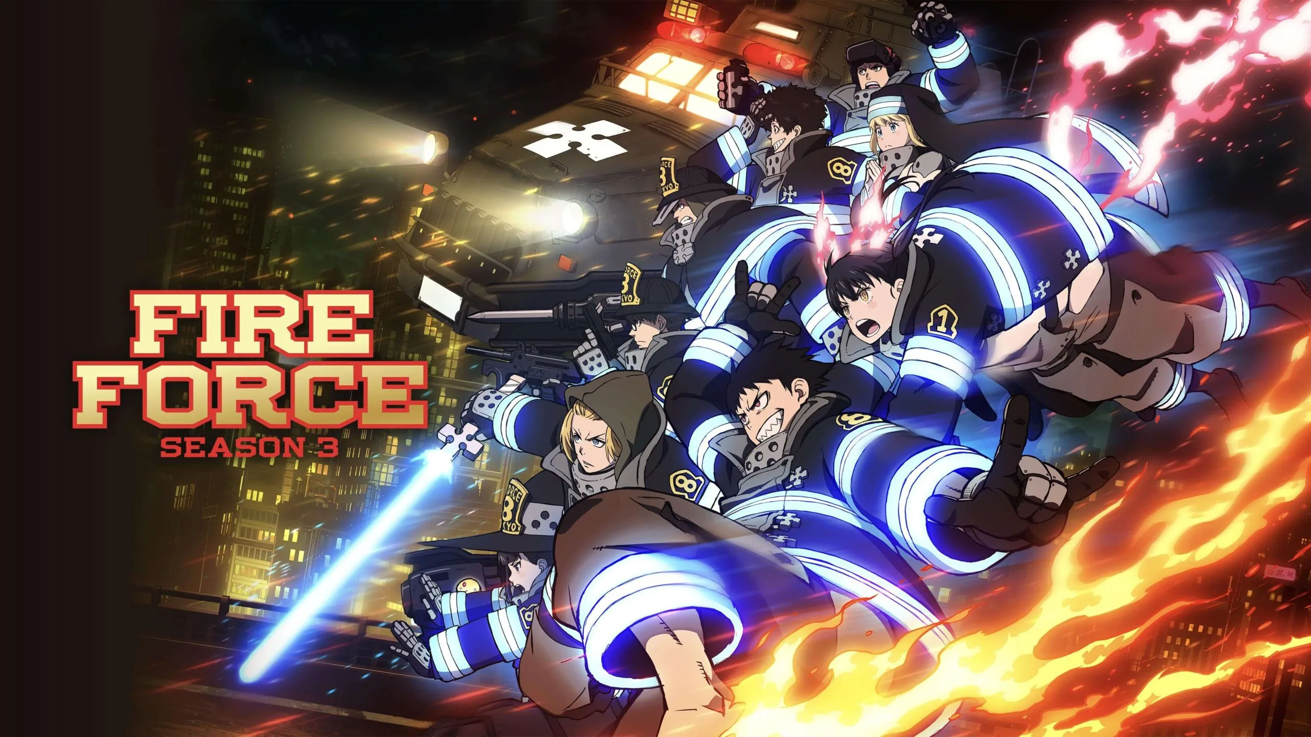 Visuel clé de la saison 3 de Fire Force, mettant en scène les pompiers face à des menaces mystérieuses dans un nouvel environnement.