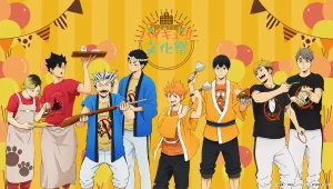 Visuel clé de l'événement interactif Haikyuu!! avec les personnages principaux et une ambiance dynamique de volleyball
