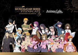 Visuel clé célébrant le 15ème anniversaire de Steins;Gate avec des personnages emblématiques sur fond d'Akihabara
