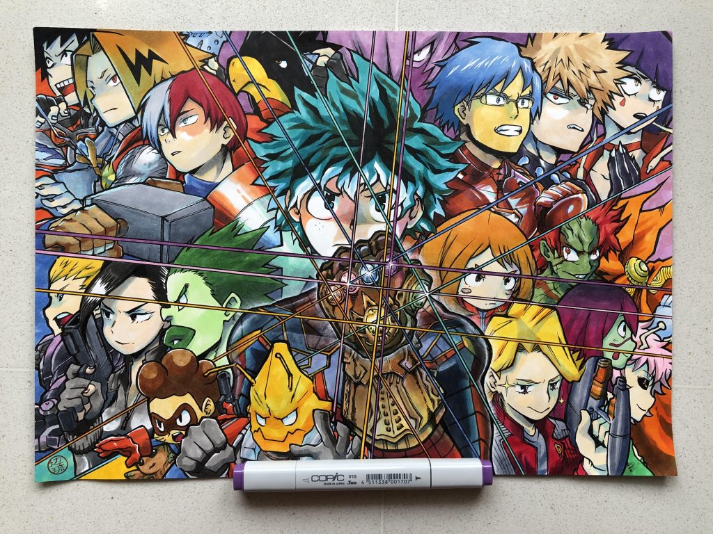 Visuel promotionnel mettant en avant la classe 1-A de My Hero Academia dans leur développement en tant que héros professionnels