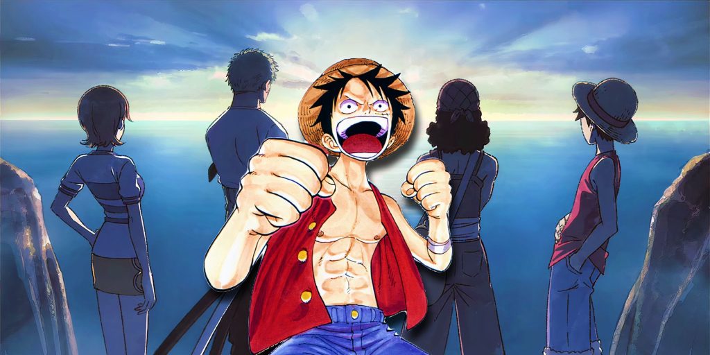 Annonce du remake de l'anime One Piece avec les personnages principaux en action et un fond de paysages marins emblématiques.