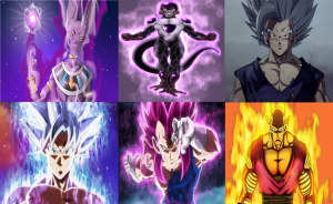 Illustration des six personnages de Dragon Ball ayant une force similaire à celle de Beerus, le dieu de la destruction.