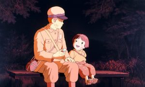 Visuel clé du film d'animation Le Tombeau des lucioles de Studio Ghibli, représentant des thèmes de guerre et de résilience.