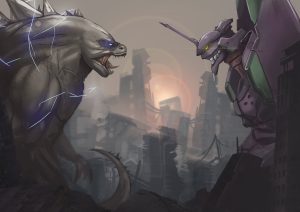 Illustration de la collaboration entre Neon Genesis Evangelion et Godzilla, mettant en scène des éléments emblématiques des deux franchises