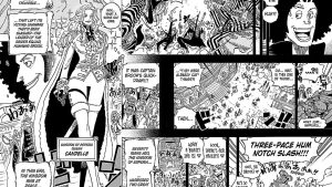 Illustration clé du chapitre 1185 de One Piece, montrant la destruction du royaume d'Esperia, des effets dramatiques et des personnages emblématiques.