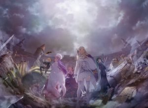 Affiche clé pour la saison 3 de Re:Zero - Starting Life in Another World, avec les personnages principaux et un fond fantastique.