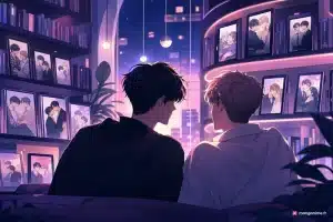 Deux silhouettes dans une bibliothèque numérique de webtoons BL