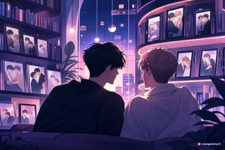 Deux silhouettes dans une bibliothèque numérique de webtoons BL